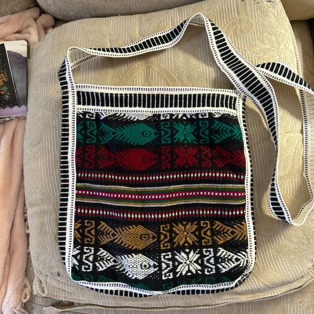 Multicolor Geometric Woven Crossbody Bag - Black, Red, Green, Gold, White Boho
